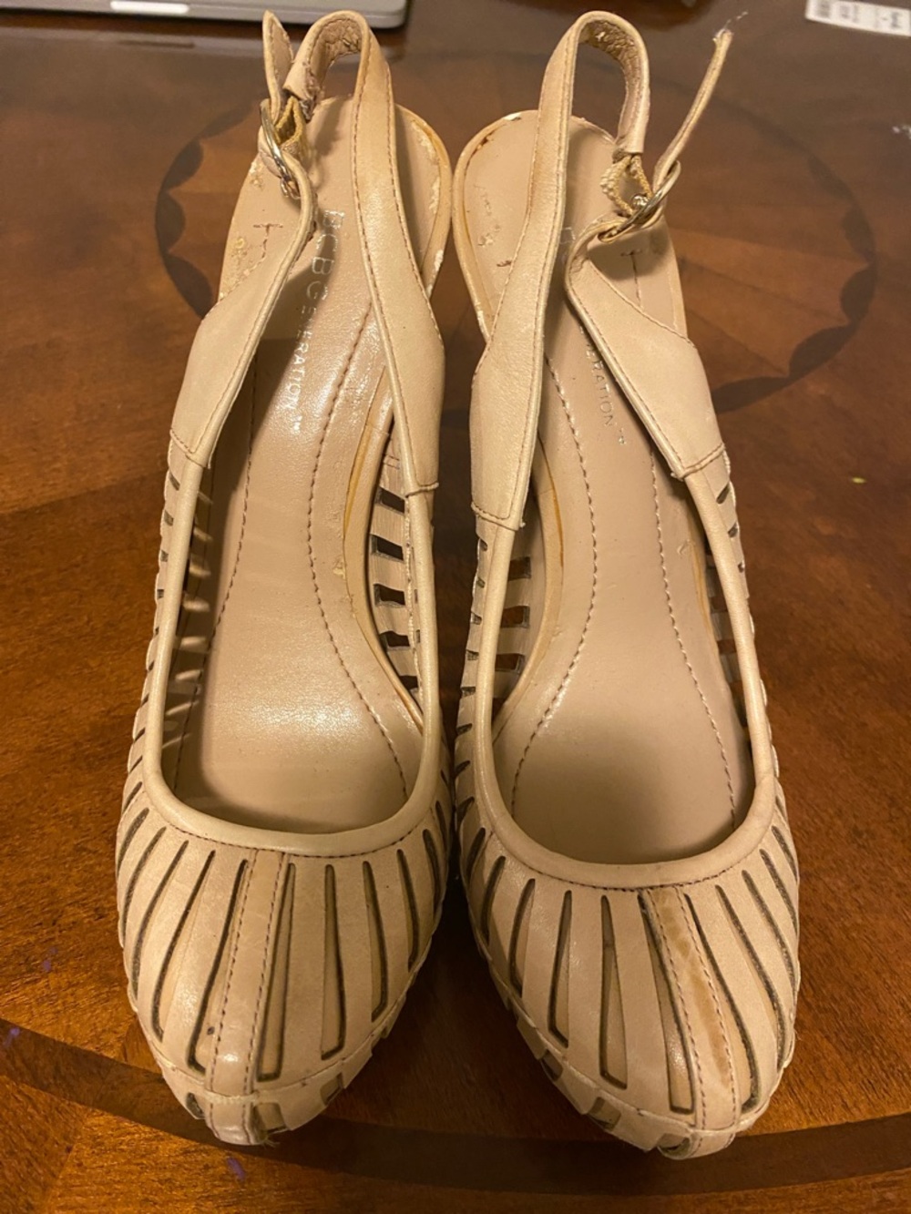 BCBG Beige Slingback Peep-Toe Wedge Heels